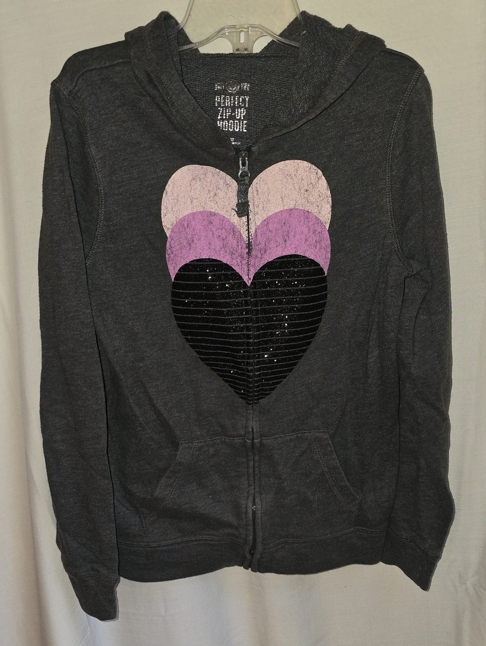 SO Dark Gray Zip-Up Hoodie with Pink, Purple & Black Heart Graphic